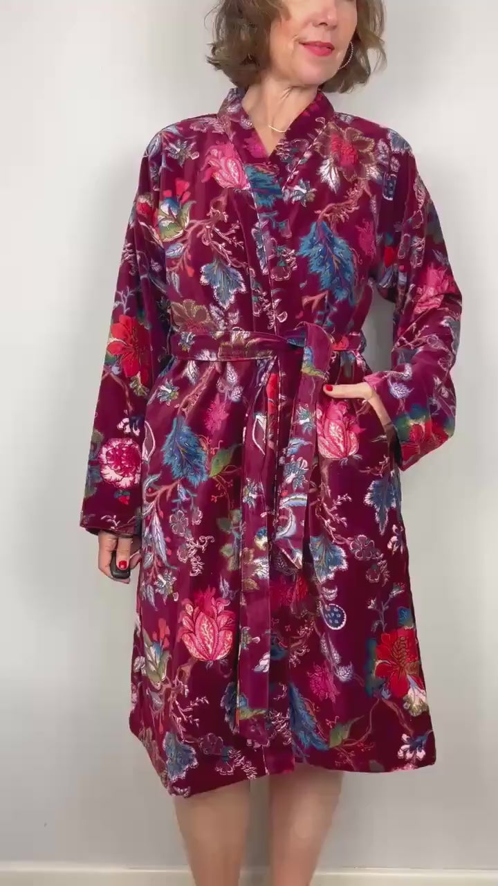 Velvet Kimono Robe | Womens Cotton Lined Dressing Gown | Velour House Coat | Luxury Loungewear For Her | Burgundy Evening Jacket | Handmade