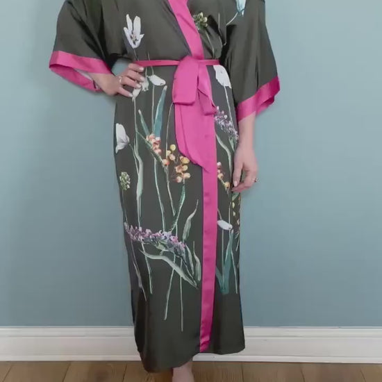 Kimono Robe, Japanese Dressing Gown, Luxury Satin Robe, Bridesmaid Robe, Womens Dressing Gown, Dressing Gown, Summer Robe, Olive Green