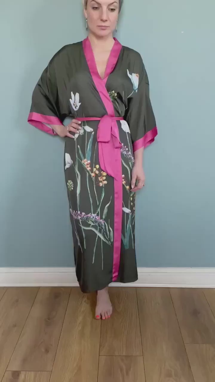 Kimono Robe, Japanese Dressing Gown, Luxury Satin Robe, Bridesmaid Robe, Womens Dressing Gown, Dressing Gown, Summer Robe, Olive Green