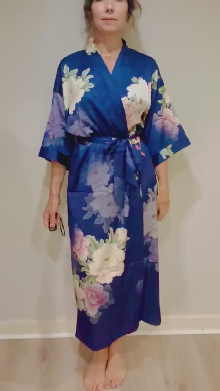 Kimono Robe, Japanese Dressing Gown, Luxury Satin Robe, Bridesmaid Robe, Womens Dressing Gown, Dressing Gown, Summer Robe, Plus Kimono, Blue