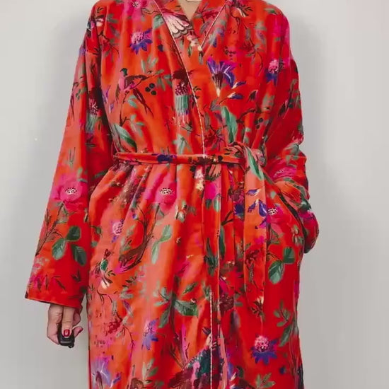 Velvet Kimono Robe | Womens Cotton Lined Dressing Gown | Velour House Coat | Luxury Loungewear For Her | Orange Evening Jacket | Handmade