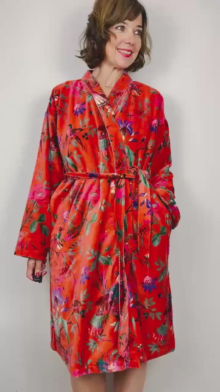 Velvet Kimono Robe | Womens Cotton Lined Dressing Gown | Velour House Coat | Luxury Loungewear For Her | Orange Evening Jacket | Handmade