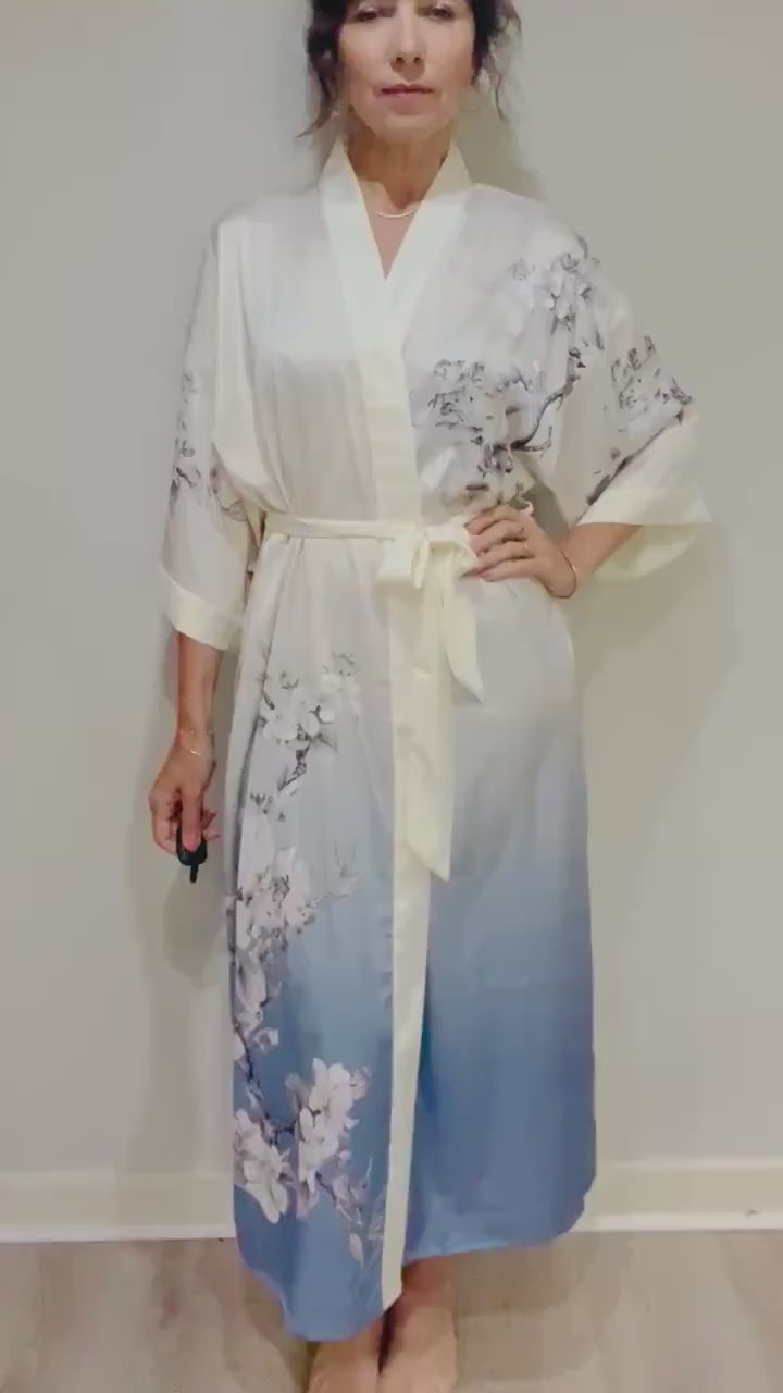Kimono Robe, Japanese Dressing Gown, Luxury Satin Robe, Bridesmaid Robe, Womens Dressing Gown, Dressing Gown, Summer Robe, Plus Kimono, Blue