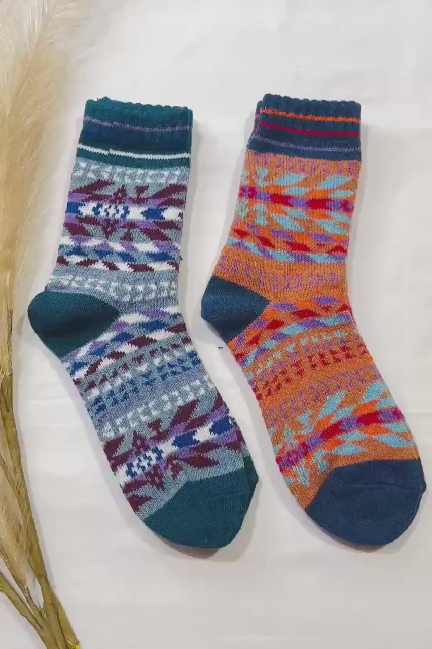 2 x Pairs Wool Socks for Her, Walking Socks, Funny Socks for her, Warm Woolen Socks for Women, Nordic Socks for her, Womens Walking Socks,