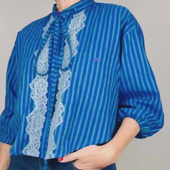 Handmade Reworked Vintage Top: Upcycled Designer Shirt | Womens Remade Shirt | Lace Top With Bows | Blue Blouse Workwear | Sustainable