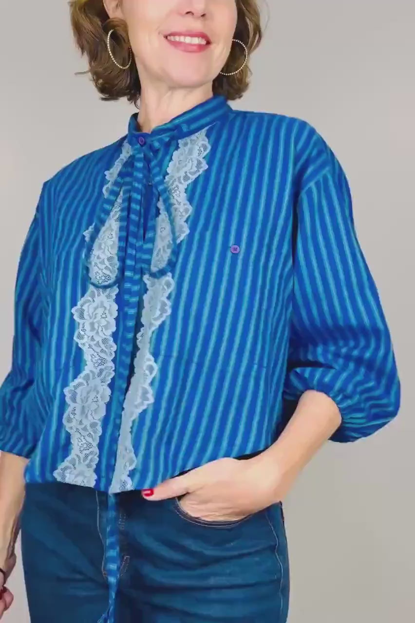 Handmade Reworked Vintage Top: Upcycled Designer Shirt | Womens Remade Shirt | Lace Top With Bows | Blue Blouse Workwear | Sustainable