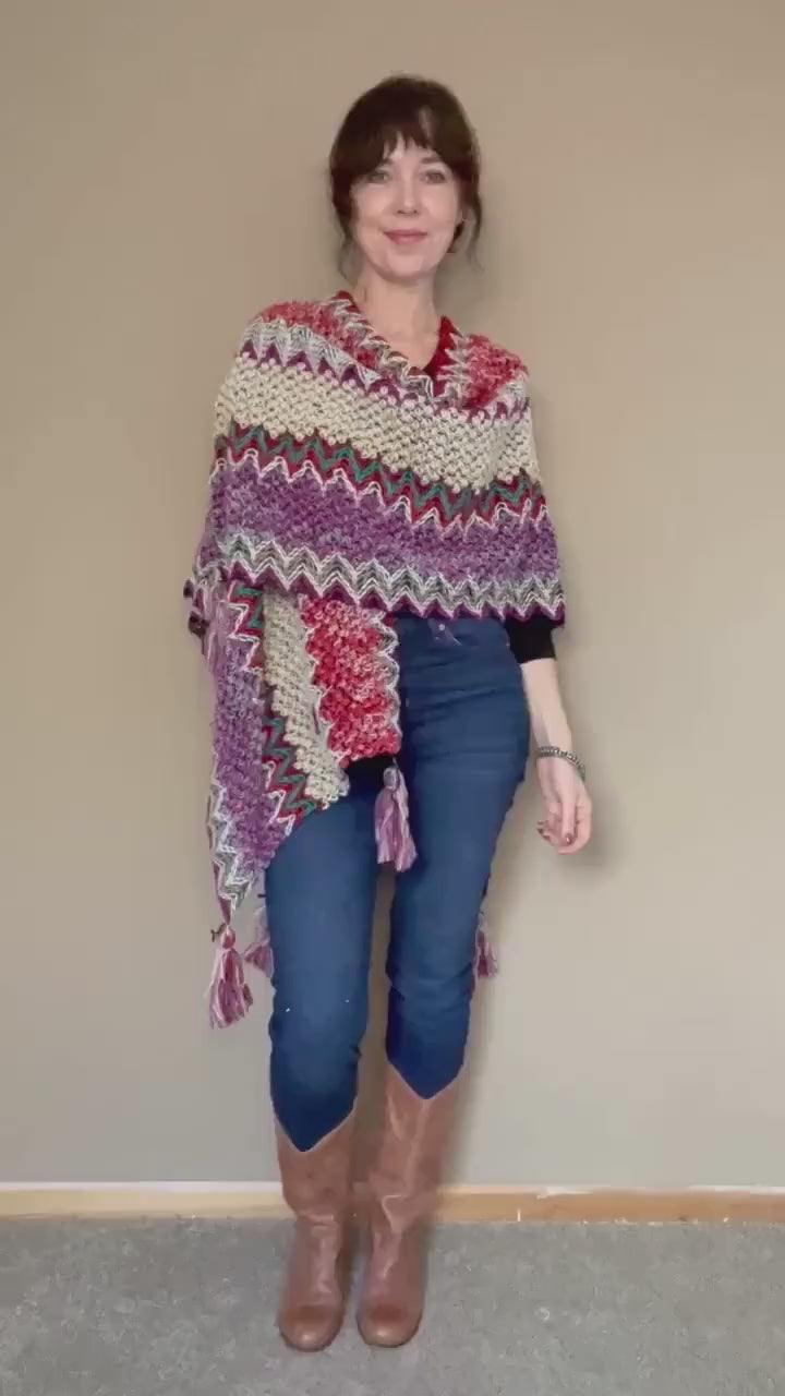 Aztec Boho Poncho, Womens Warm Wrap, Fleece Throw, Mexican Knitted Throw, Warm Wraparound, Ladies Kimono Top, Red Knit Throw