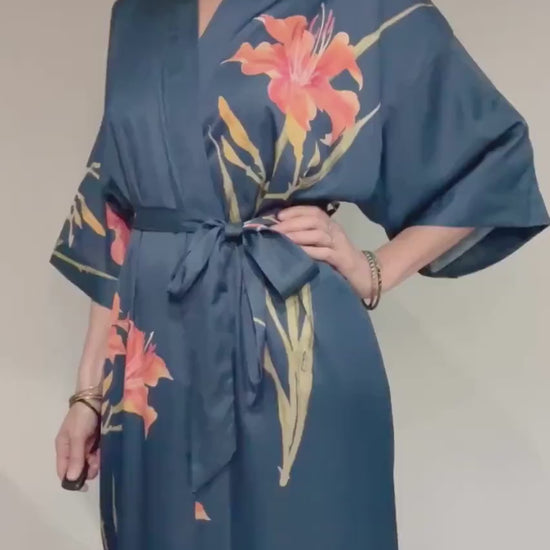 Kimono Robe, Japanese Dressing Gown, Luxury Satin Robe, Bridesmaid Robe, Womens Dressing Gown, Dressing Gown, Summer Robe, Teal Blue