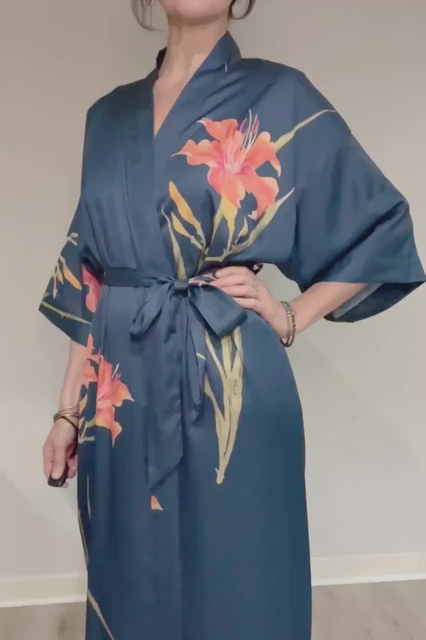 Kimono Robe, Japanese Dressing Gown, Luxury Satin Robe, Bridesmaid Robe, Womens Dressing Gown, Dressing Gown, Summer Robe, Teal Blue