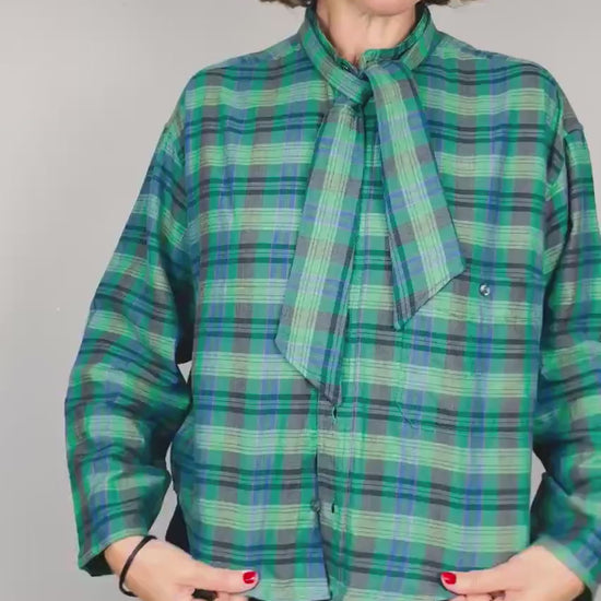 Handmade Reworked Vintage Top: Upcycled Designer Shirt | Womens Remade Shirt | Tartan Traitors Top | Womens Plaid Workwear | Green