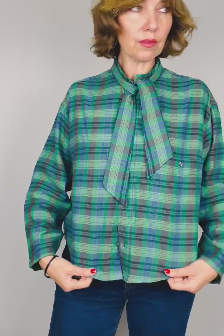 Handmade Reworked Vintage Top: Upcycled Designer Shirt | Womens Remade Shirt | Tartan Traitors Top | Womens Plaid Workwear | Green